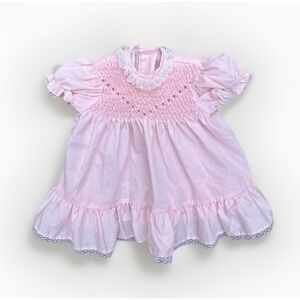 Polly Flinders Hand Smocked Vintage Pink Dress Cottagecore Baby 6-12 M Floral